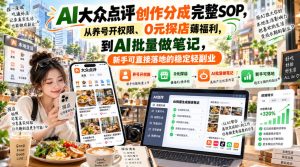 【无水印】AI大众点评创作分成完整SOP,从养号开权限、0元探店薅福利,到AI批量做笔记,新手可直接落地的稳定轻副业-聚富社