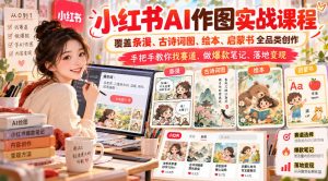 小红书AI作图实战课程,覆盖条漫、古诗词图、绘本、启蒙书全品类创作,手把手教你找赛道、做爆款笔记、落地变现-聚富社