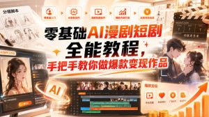 零基础AI漫剧短剧全能教程，从AI智能体搭建、文案脚本分镜、多平台AI生视频、剪映精修，覆盖全题材创作，手把手教你做爆款变现作品-聚富社