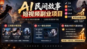 AI民间故事短视频副业项目,多平台流量分成,三视图分镜实操,精选计划放大副业收益-聚富社