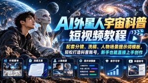 AI外星人宇宙科普短视频教程,配套分镜、洗稿、人物场景提示词模板,轻松打造科普账号,新手也能直接上手创作-聚富社
