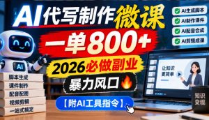 AI代写制作微课,一单800+,2026必做副业,暴力风口【附AI工具指令】【揭秘】-聚富社