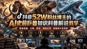 抖音52W粉丝博主的AI史前巨兽知识科普解说教学，覆盖选题、文案、配音、画面生成、剪辑成片全流程-聚富社