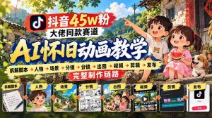 抖音45W粉大佬同款赛道AI怀旧动画实战课:拆解脚本→人物→场景→分镜→出图→视频→剪辑→发布完整制作链路-聚富社
