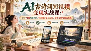 AI古诗词短视频变现实战课:手机+电脑双端制作,零基础学起号运营、创作分成与收徒变现-聚富社