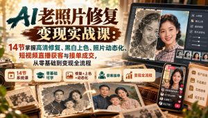 AI老照片修复变现实战课:14节掌握高清修复、黑白上色、照片动态化、短视频直播获客与接单成交,从零基础到变现全流程-聚富社