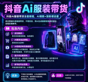抖音AI服装带货全套教程，不靠真人出镜，利用AI批量制作服装带货短视频，打通选品、AI提示词调教、起号涨粉全流程-聚富社